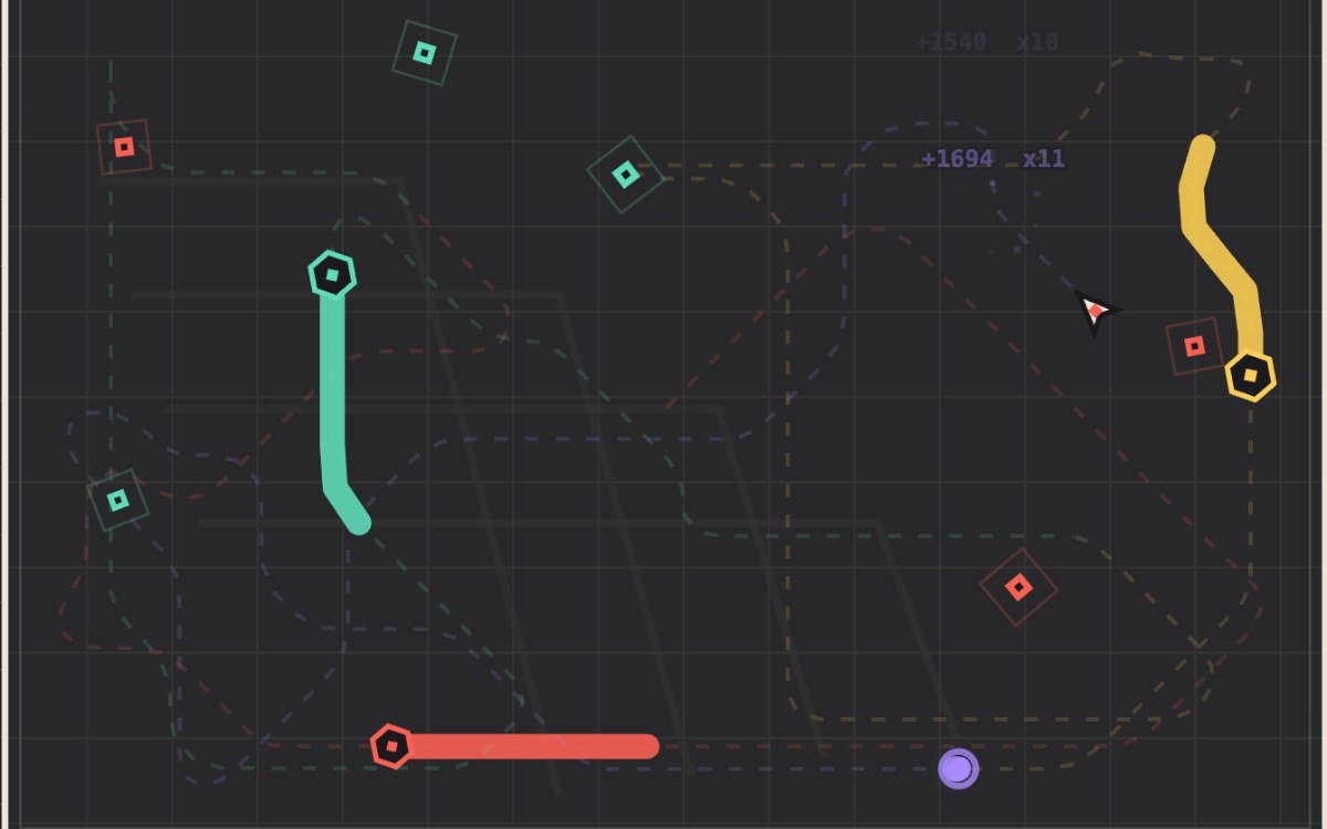 Ghost Circuit gameplay: a bright player arrow weaving between colored replay trails and sparks