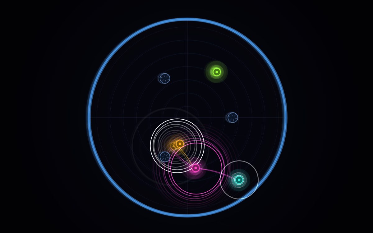 Jolt gameplay: glowing players on a dark disc, with a shockwave ring expanding between them