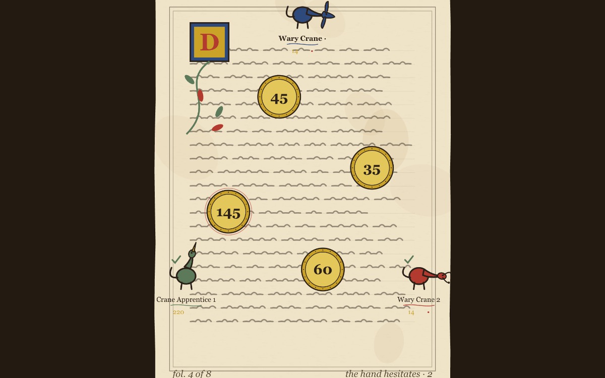 Marginalia gameplay: a medieval manuscript page with gilded roundels, and painted creatures in the margins stretching their necks across it